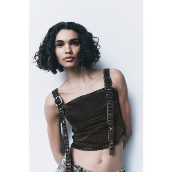 NWT TRF BUCKLED DENIM TOP, BLACK WASHED SMALL - Picture 1 of 11